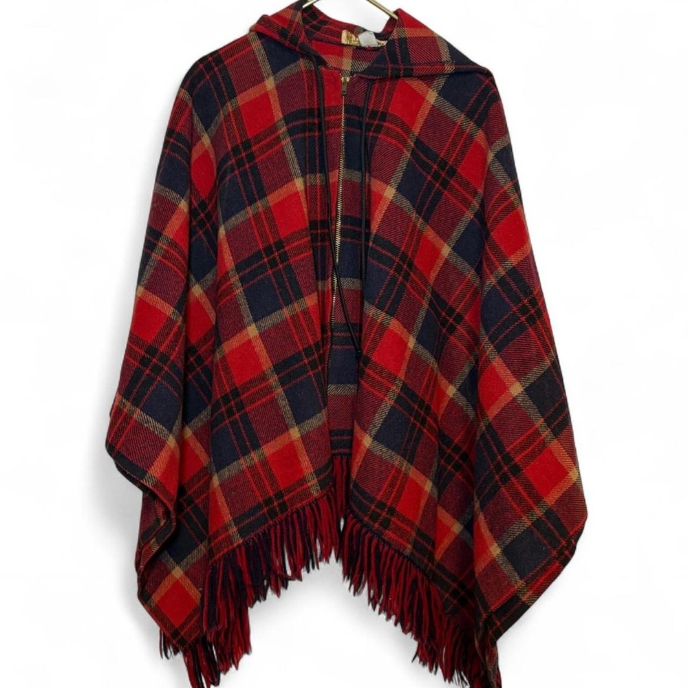 King of Poncho Vintage Red Wool Plaid Poncho with pointy hood/fringe